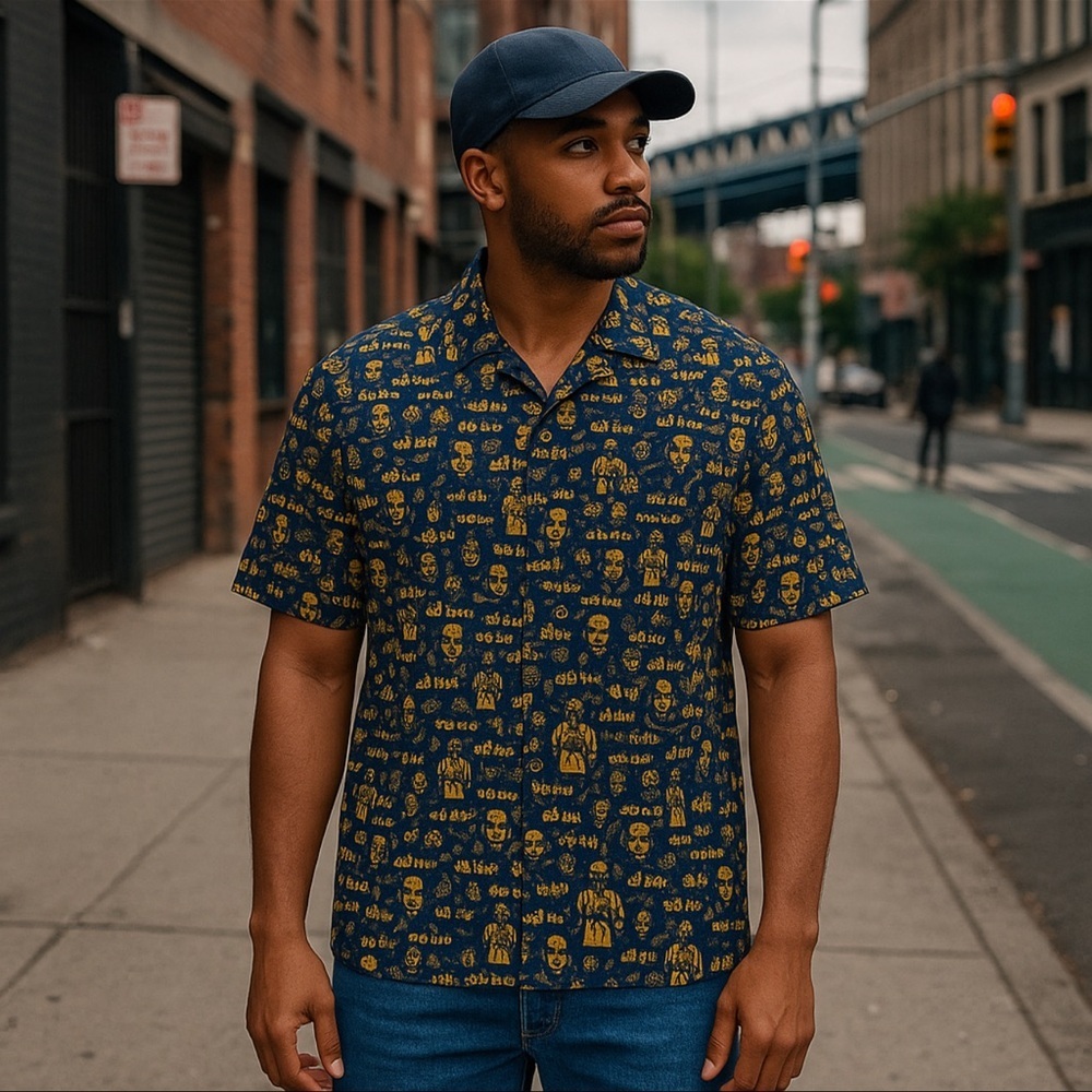 Jordan Craig XL Graphic Shirt Blue Gold Hip Hop Print Short Sleeve Polyester